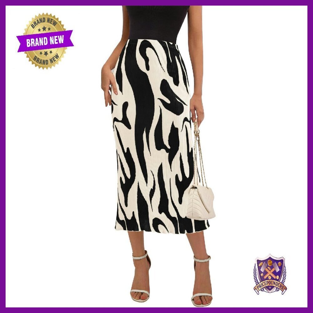 High Waist Pleated Midi Skirt, Elastic Waist, Soft Liner, Versatile A-Line
